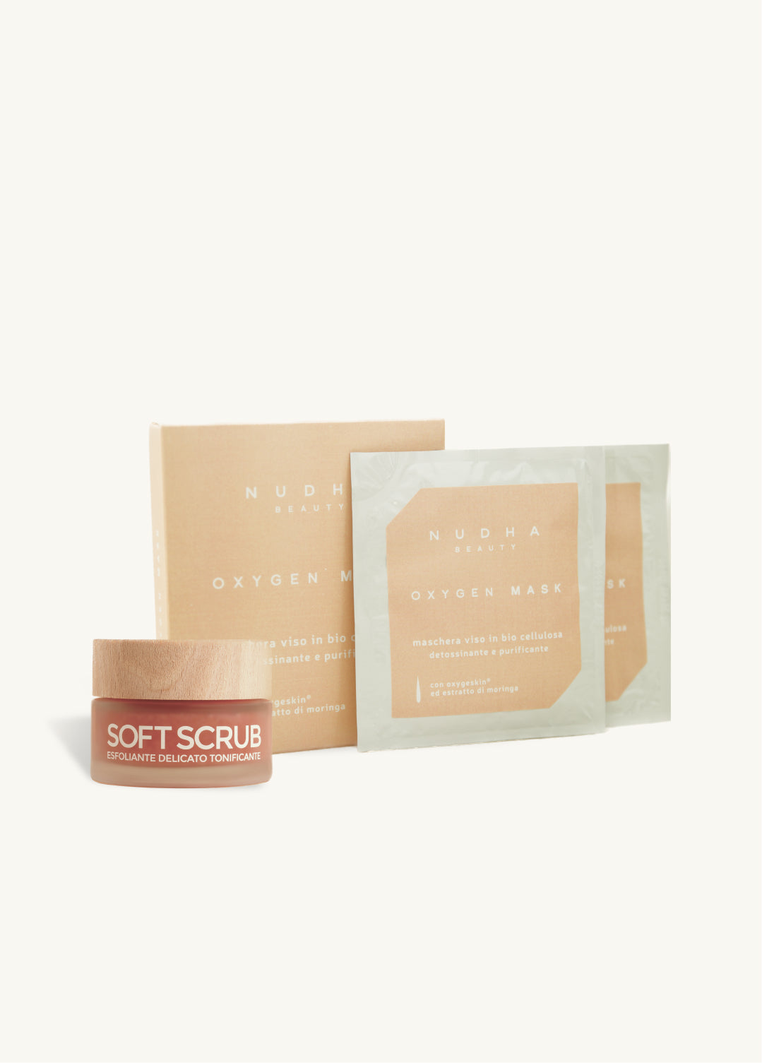 KIT SOFT SCRUB + OXYGEN oppure GLOWING MASK, routine settimanale purificante e ossigenante